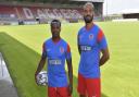 Dagenham & Redbridge forwards Josh Walker and Paul McCallum pose in the club's new away kit