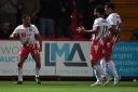 Louis Thompson and Stevenage celebrate his goal against Wrexham. Picture: TGS PHOTO