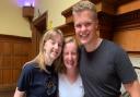 Kerry McCloy and Head Student Ben La Roche with Mrs Gratton, Head of Math, celebrating A-level results at Hinchingbrooke School