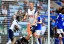 Tottenham Hotspur's Harry Kane celebrates scoring their first goal against Leicester City