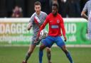 Myles Weston of Dagenham and Redbridge and Tom Hannigan of Altrincham during Dagenham & Redbridge vs Altrincham, Vanarama National League Football at the Chigwell Construction Stadium on 12th December 2020