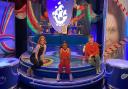 Nahla-Rose Bartlett-Vanderpuye in the Blue Peter studio with presenters Lindsey Russell and Adam Beales.