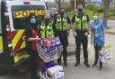 British Transport Police PCs Mesher, Piper-Harfield and Ryan Cord deliver Easter eggs to NHS staff.