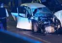 A severely-damaged car after the Horns Road collision