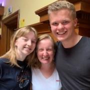 Kerry McCloy and Head Student Ben La Roche with Mrs Gratton, Head of Math, celebrating A-level results at Hinchingbrooke School