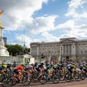 RideLondon riders racing along past The Queen Victoria Memorial and Buckingham Palace.