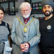 Chetna Sohal (left), Mayor of Redbridge Roy Emmett, and Randeep Sohal (right)