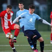 Joni Vukaj of Clapton and Reece Simpson of Barkingside during Clapton vs Barkingside, Len Cordell Memorial Cup Football at the Jack Carter Centre on 23rd April 2021