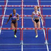 Great Britain's Tiffany Porter (right) winning the women's 100m hurdle final during day three of the Muller British Athletics Championships at Manchester Regional Arena. Picture date: Sunday June 27, 2021.