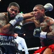 Peter Dobson and Conor Benn trade punches at the Cosmopolitan in Las Vegas. Image: Ed Mulholland/Matchroom