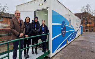 The mobile screening unit is at Sainsbury's Ilford. L to R:  Cllr Mark Santos, Aleya Rahman, Sultana Choudhury, Doris Butawan